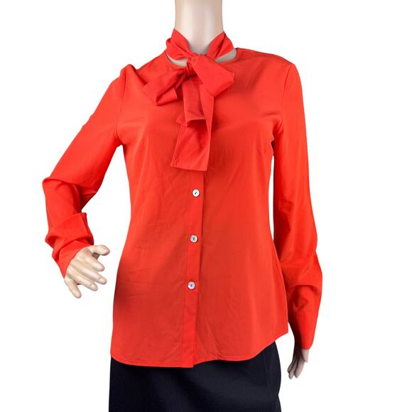 St. John Orange Silk Tie Neck Long Sleeves Button Front Blouse Size 4 - Picture 1 of 9